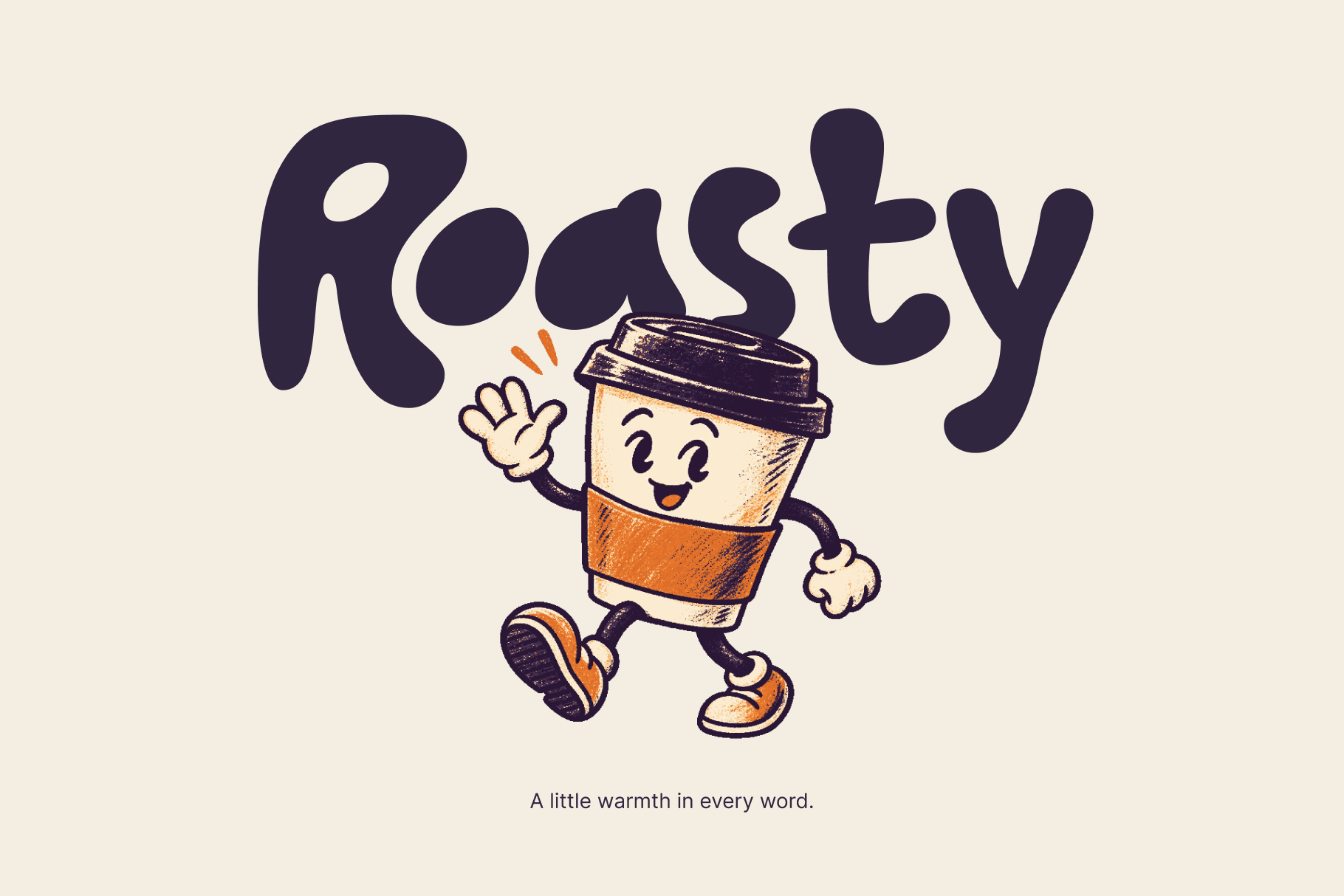 Roasty playful display font with a smiling takeaway coffee cup illustration